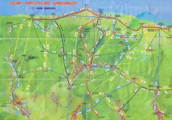 Karpacz jakie to góry? Mapa szlaków turystycznych Karkonoszy pokazuje malownicze trasy, w tym Sowią Dolinę i Śnieżkę.